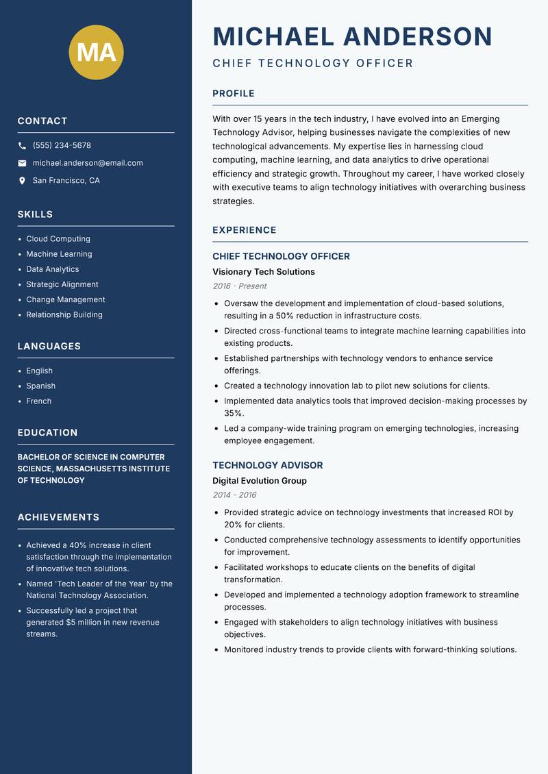 Emerging Technology Advisor resume sample — Chief Technology Officer focus