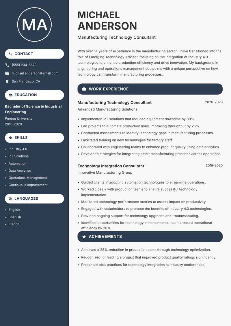 Emerging Technology Advisor resume sample — Manufacturing Technology Consultant focus