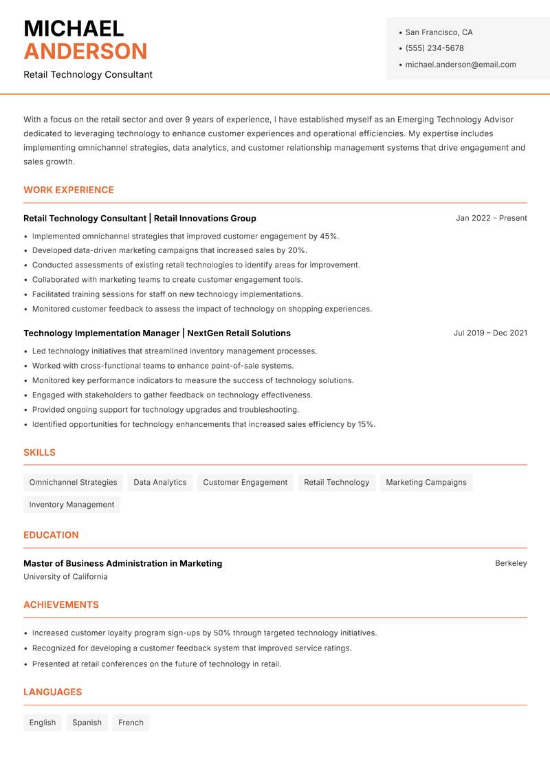 Emerging Technology Advisor resume sample — Retail Technology Consultant focus