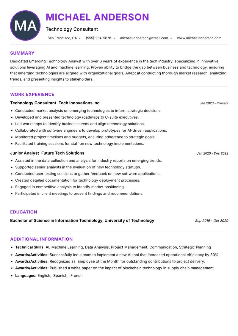 Emerging Technology Analyst resume example
