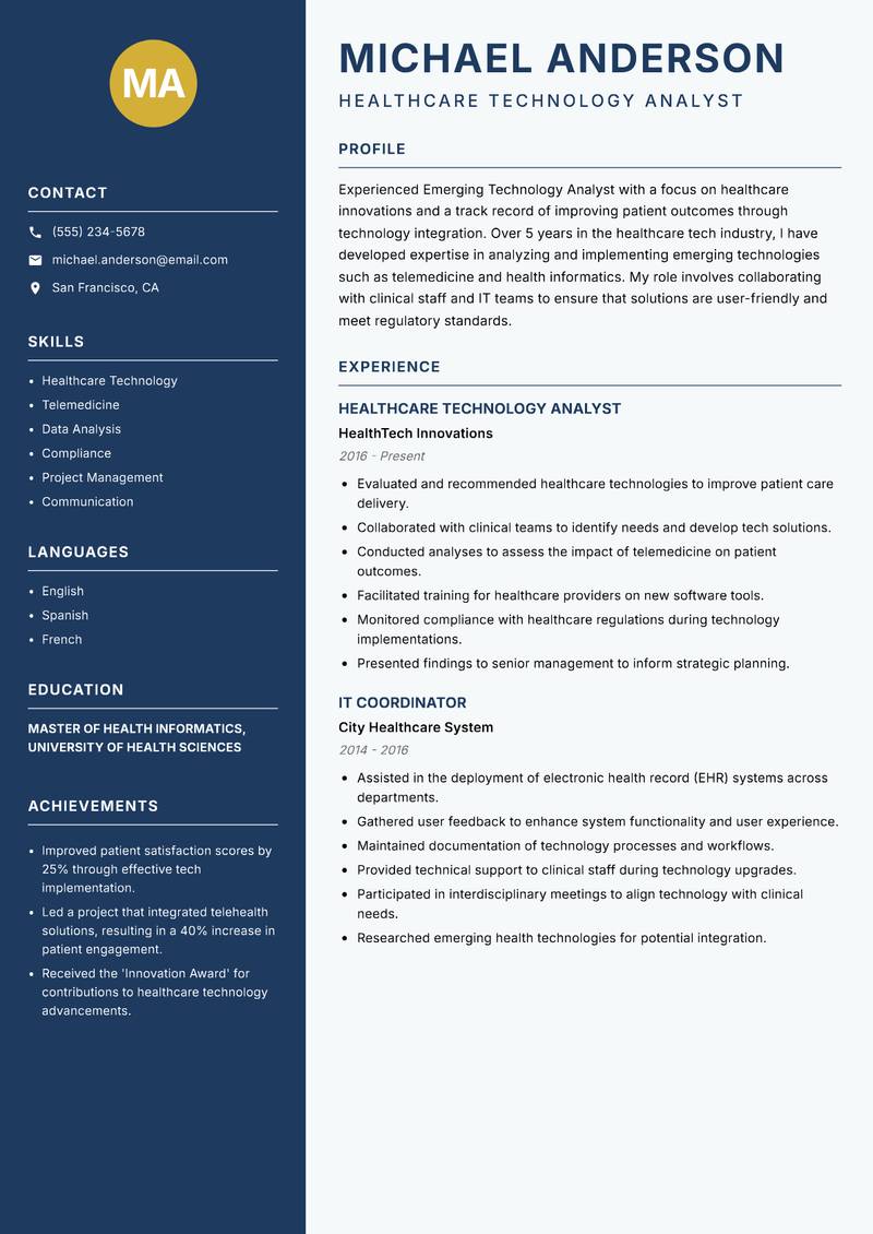 Emerging Technology Analyst resume sample — Healthcare Technology Analyst focus