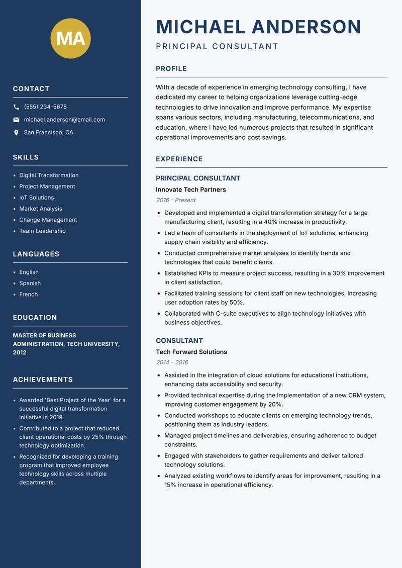 Emerging Technology Consultant resume sample — Principal Consultant focus