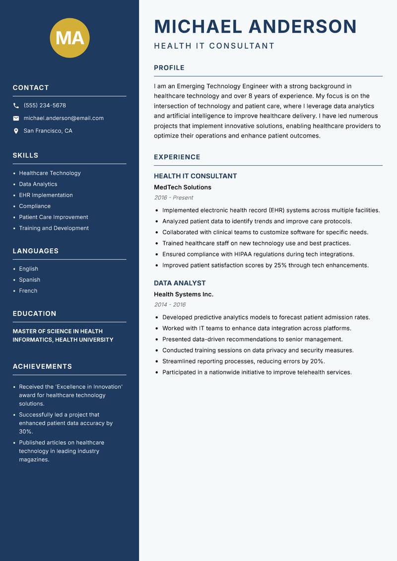 Emerging Technology Engineer resume sample — Health IT Consultant focus