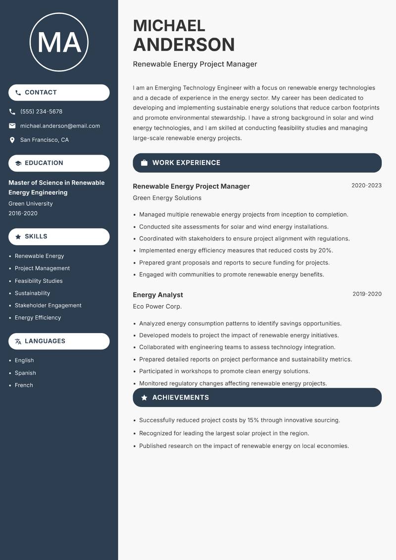 Emerging Technology Engineer resume sample — Renewable Energy Project Manager focus