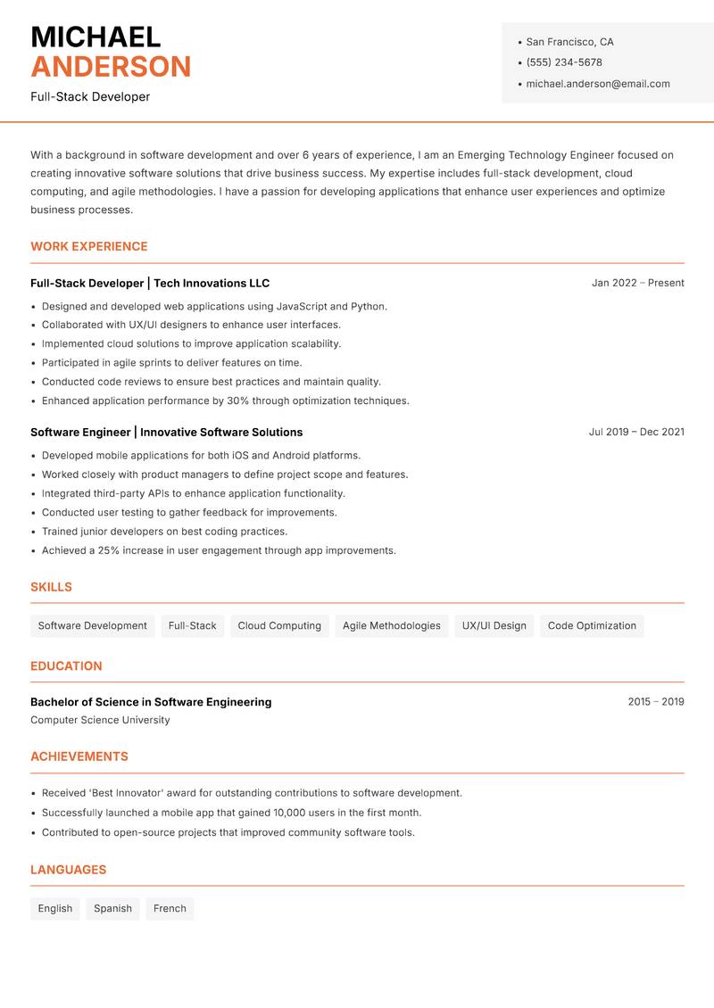 Emerging Technology Engineer resume sample — Full-Stack Developer focus