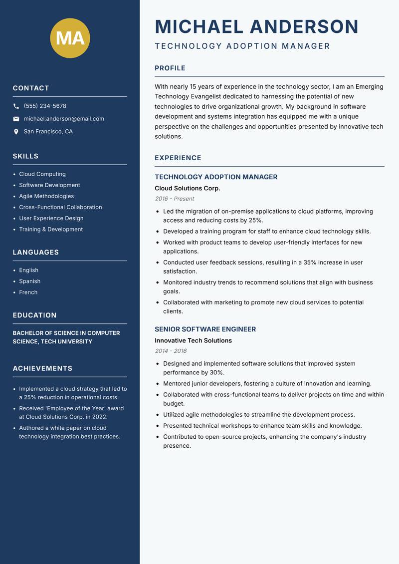 Emerging Technology Evangelist resume sample — Technology Adoption Manager focus