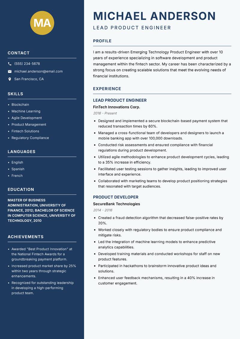 Emerging Technology Product Engineer resume sample — Lead Product Engineer focus