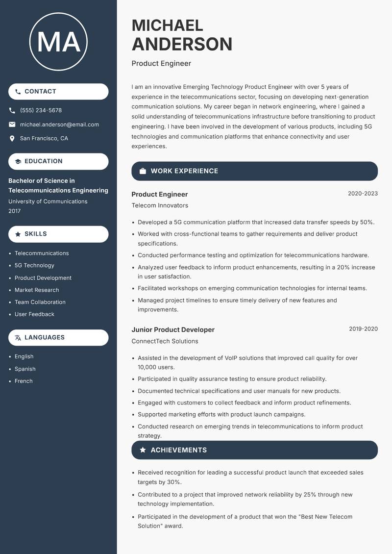 Emerging Technology Product Engineer resume sample — Product Engineer focus