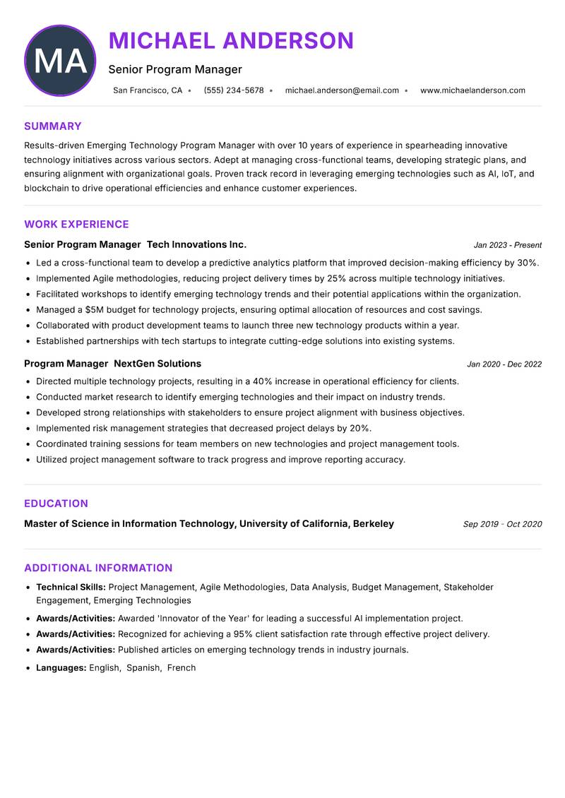 Emerging Technology Program Manager resume example