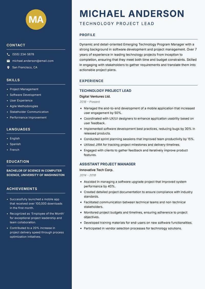 Emerging Technology Program Manager resume sample — Technology Project Lead focus