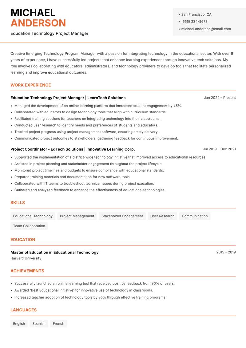 Emerging Technology Program Manager resume sample — Education Technology Project Manager focus