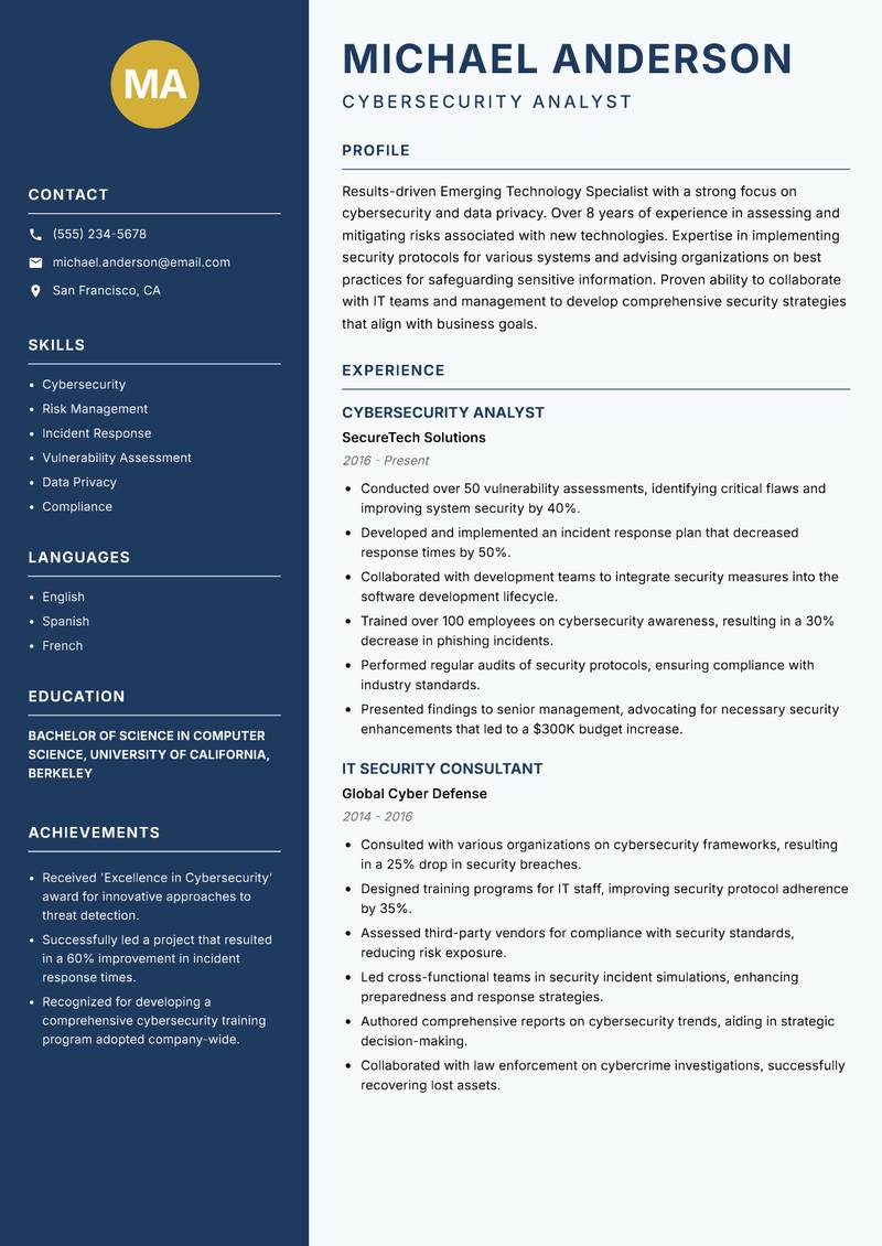 Emerging Technology Specialist resume sample — Cybersecurity Analyst focus