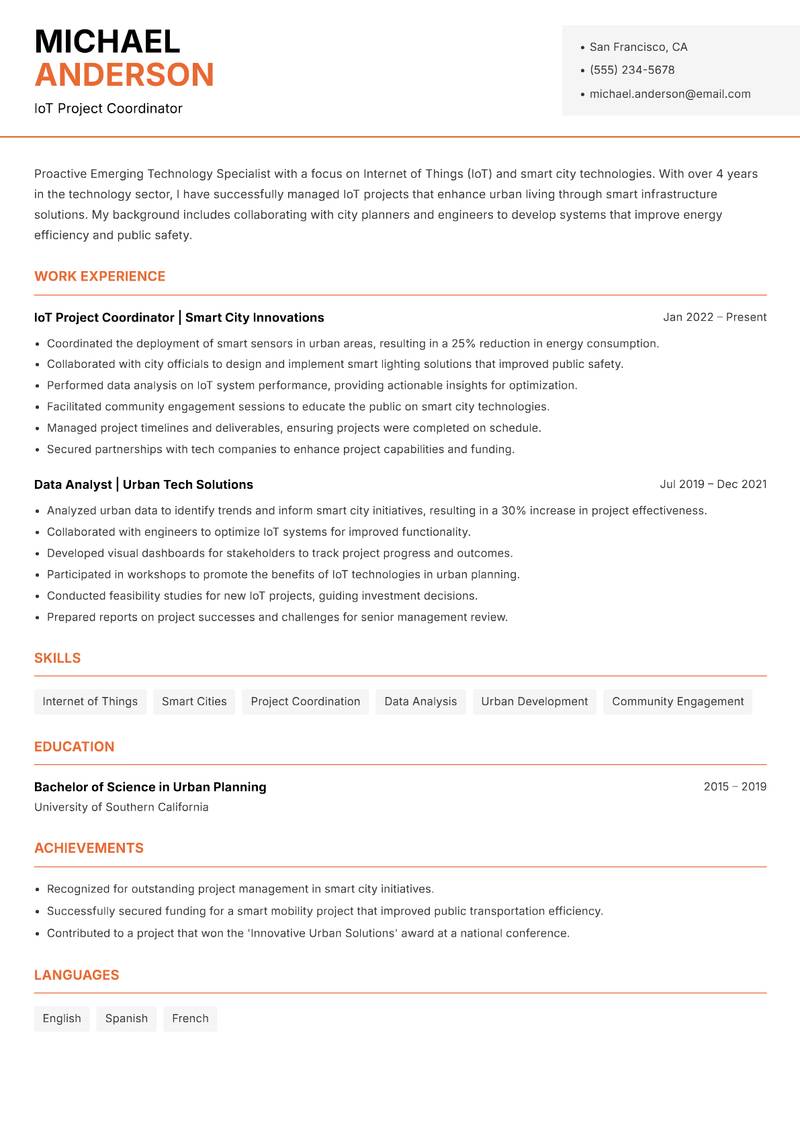 Emerging Technology Specialist resume sample — IoT Project Coordinator focus