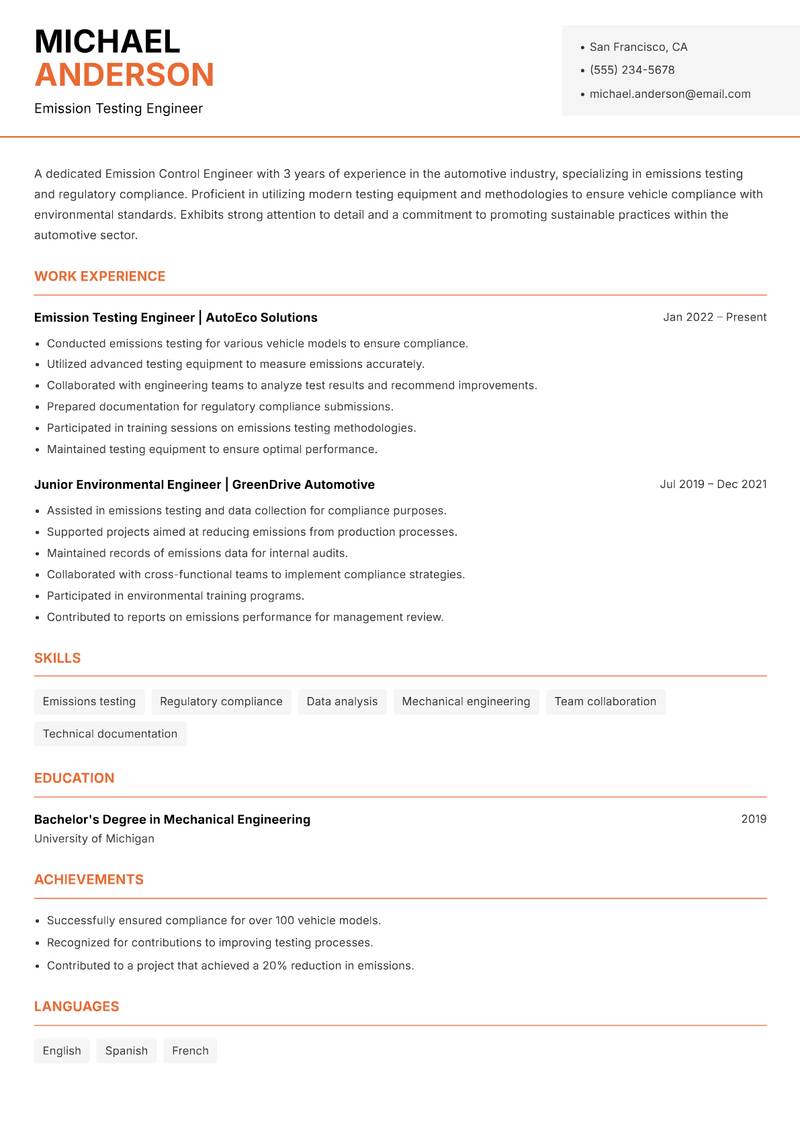 Emission Control Engineer resume sample — Emission Testing Engineer focus