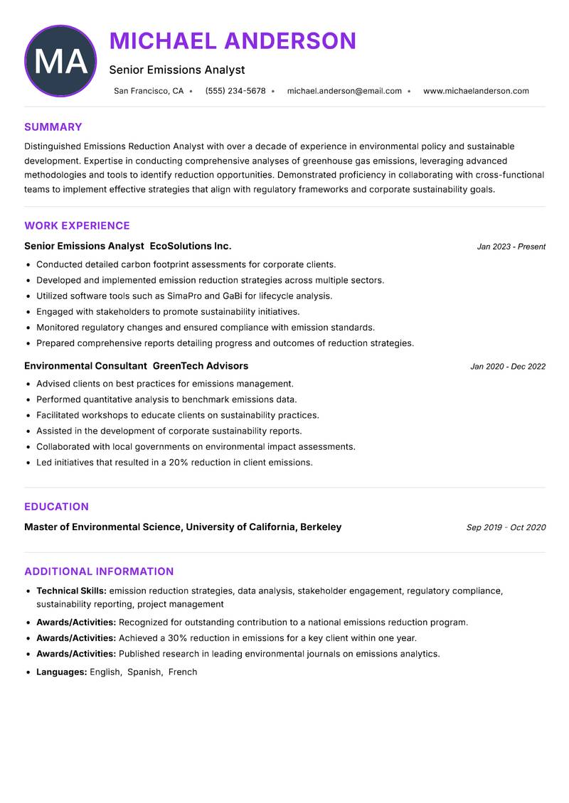 Emissions Reduction Analyst resume example