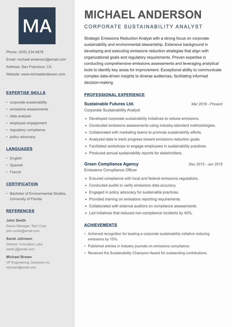 Emissions Reduction Analyst resume sample — Corporate Sustainability Analyst focus