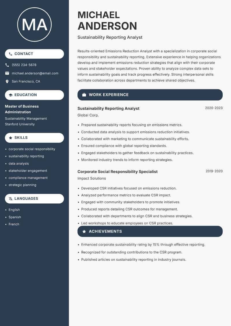Emissions Reduction Analyst resume sample — Sustainability Reporting Analyst focus