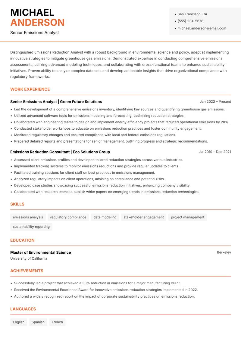 Emissions Reduction Analyst resume sample — Senior Emissions Analyst focus