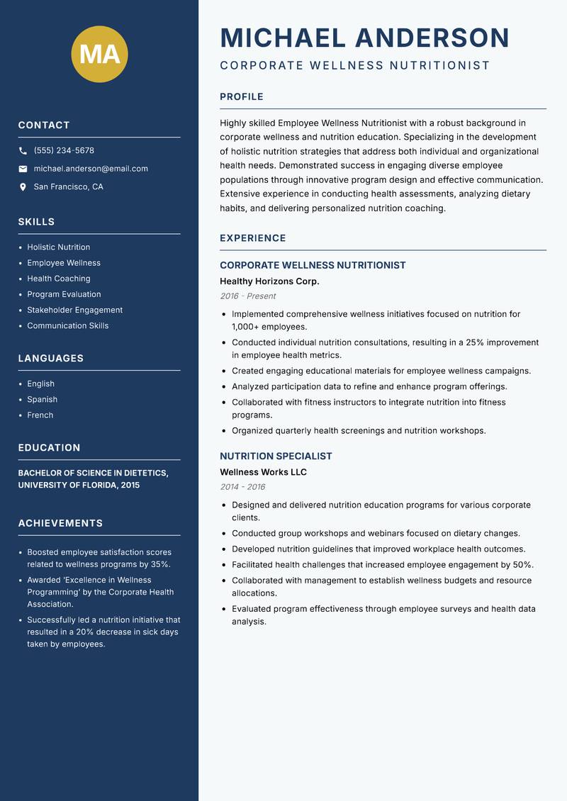 Employee Wellness Nutritionist resume sample — Corporate Wellness Nutritionist focus