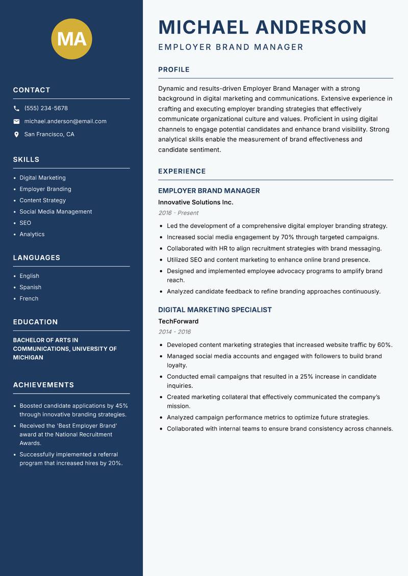 Employer Brand Manager resume sample — Employer Brand Manager focus