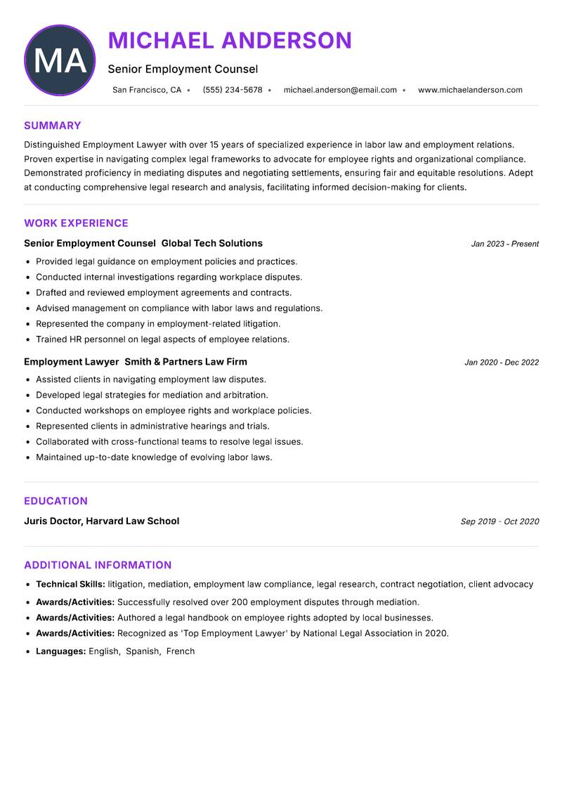 Employment Lawyer resume example