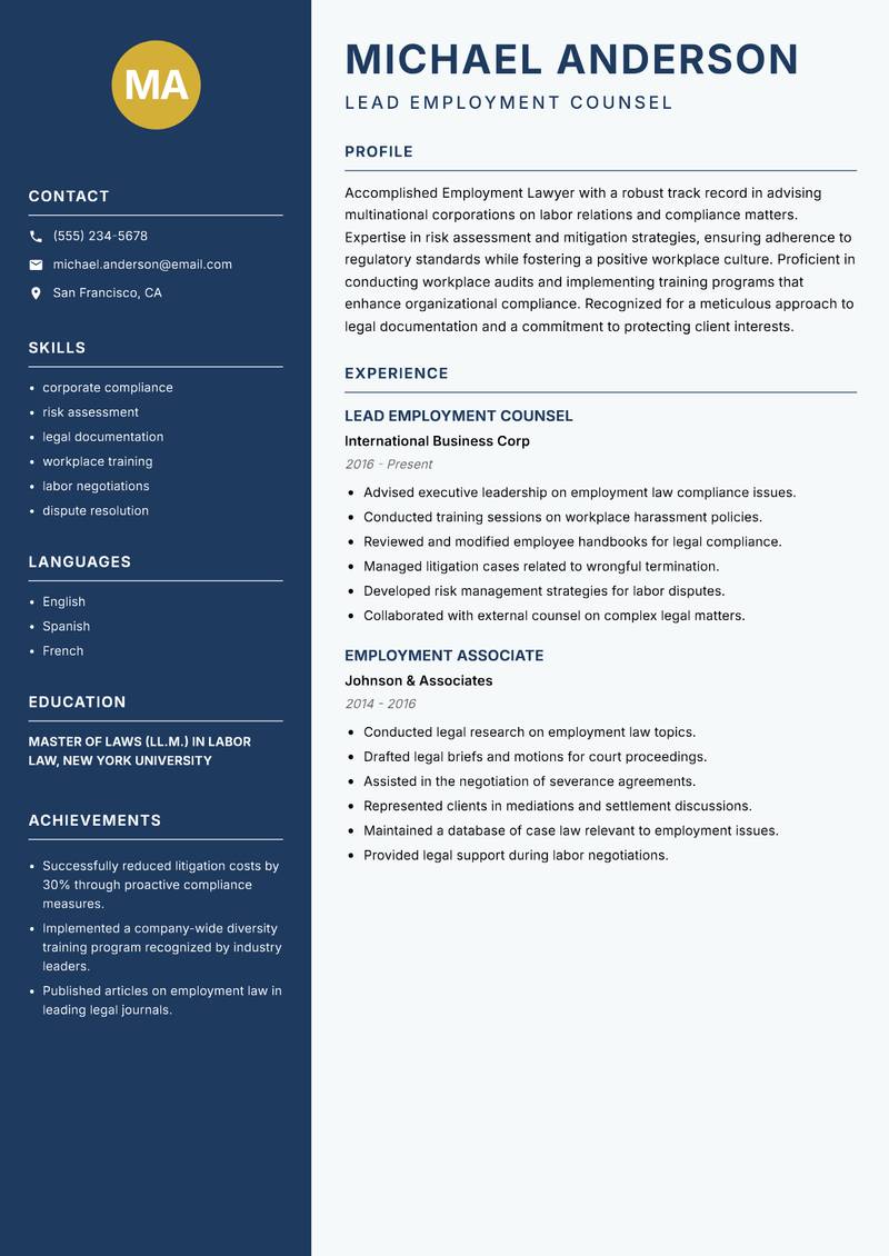 Employment Lawyer resume sample — Lead Employment Counsel focus