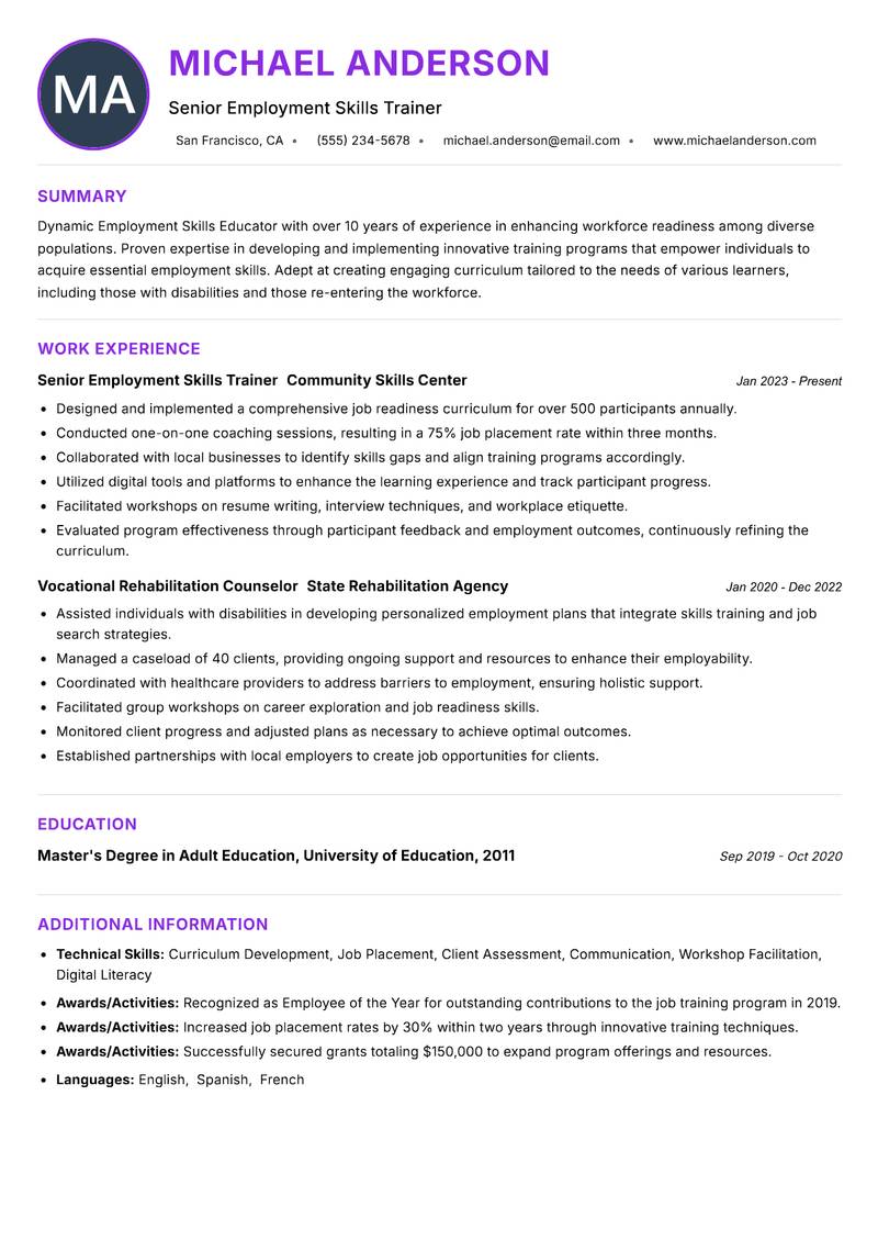 Employment Skills Educator resume example