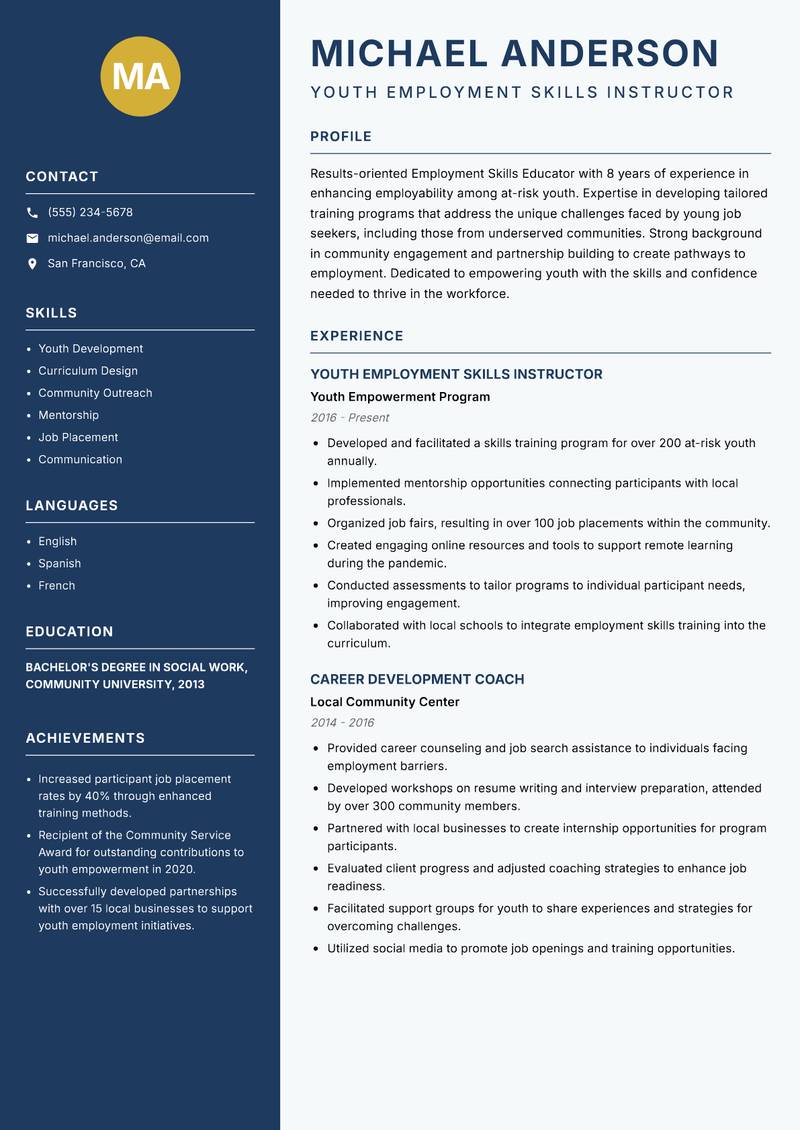 Employment Skills Educator resume sample — Youth Employment Skills Instructor focus