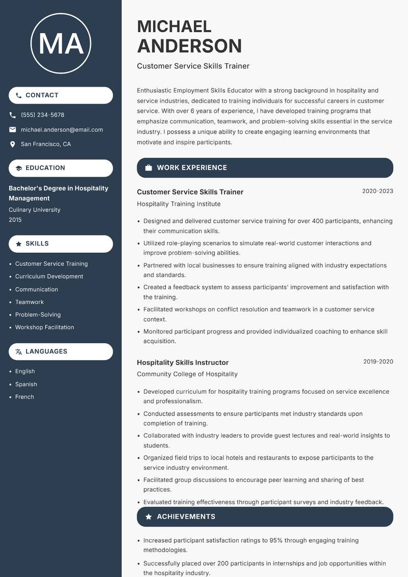 Employment Skills Educator resume sample — Customer Service Skills Trainer focus