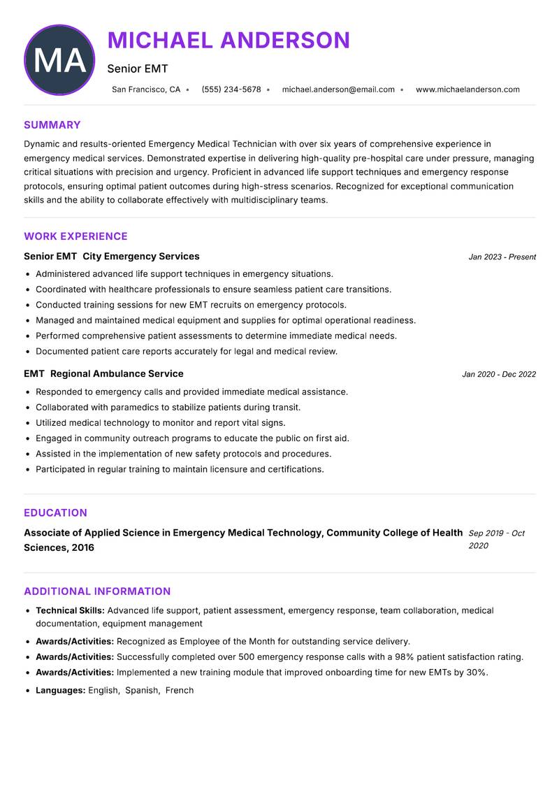 EMT resume example