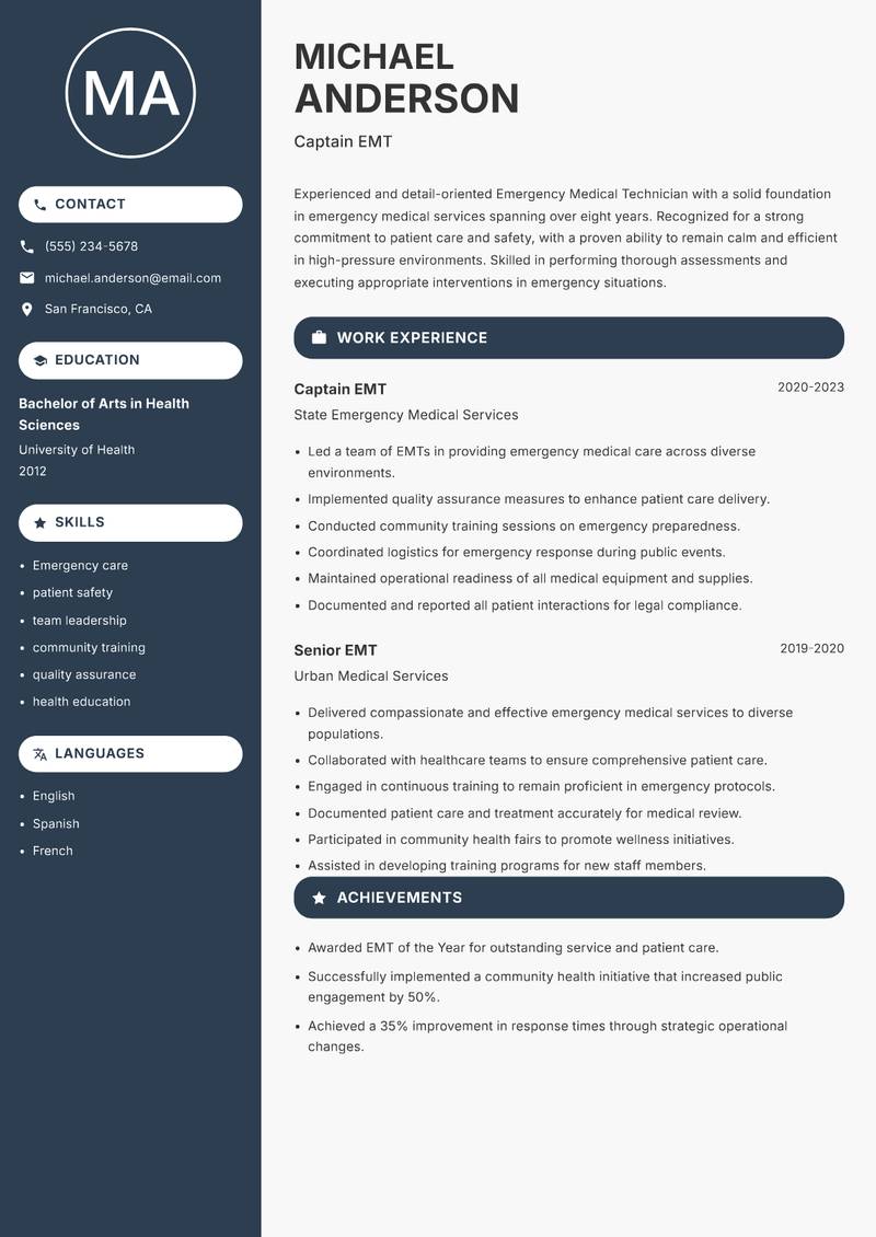 EMT resume sample — Captain EMT focus