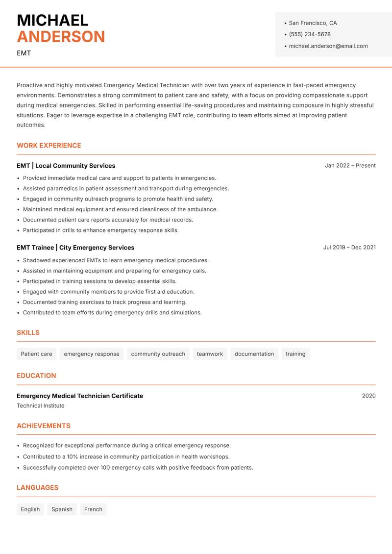 EMT resume sample — EMT focus