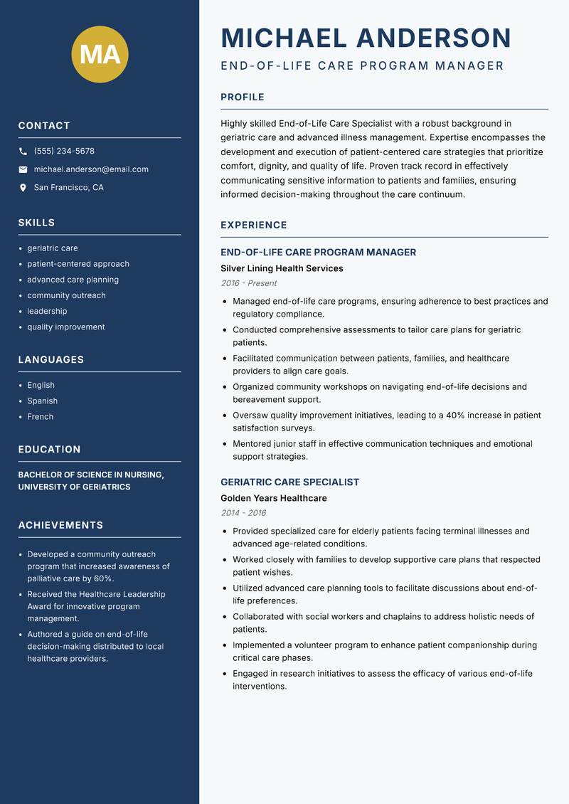 End-of-Life Care Specialist resume sample — End-of-Life Care Program Manager focus