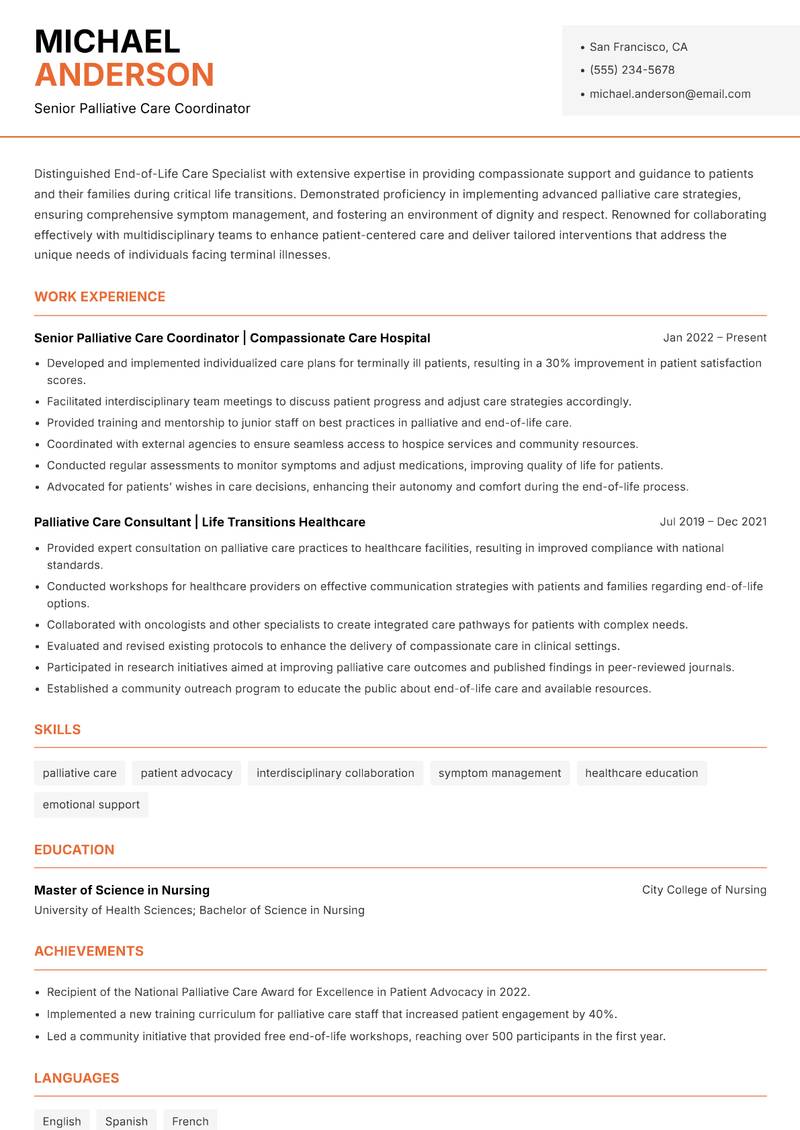 End-of-Life Care Specialist resume sample — Senior Palliative Care Coordinator focus
