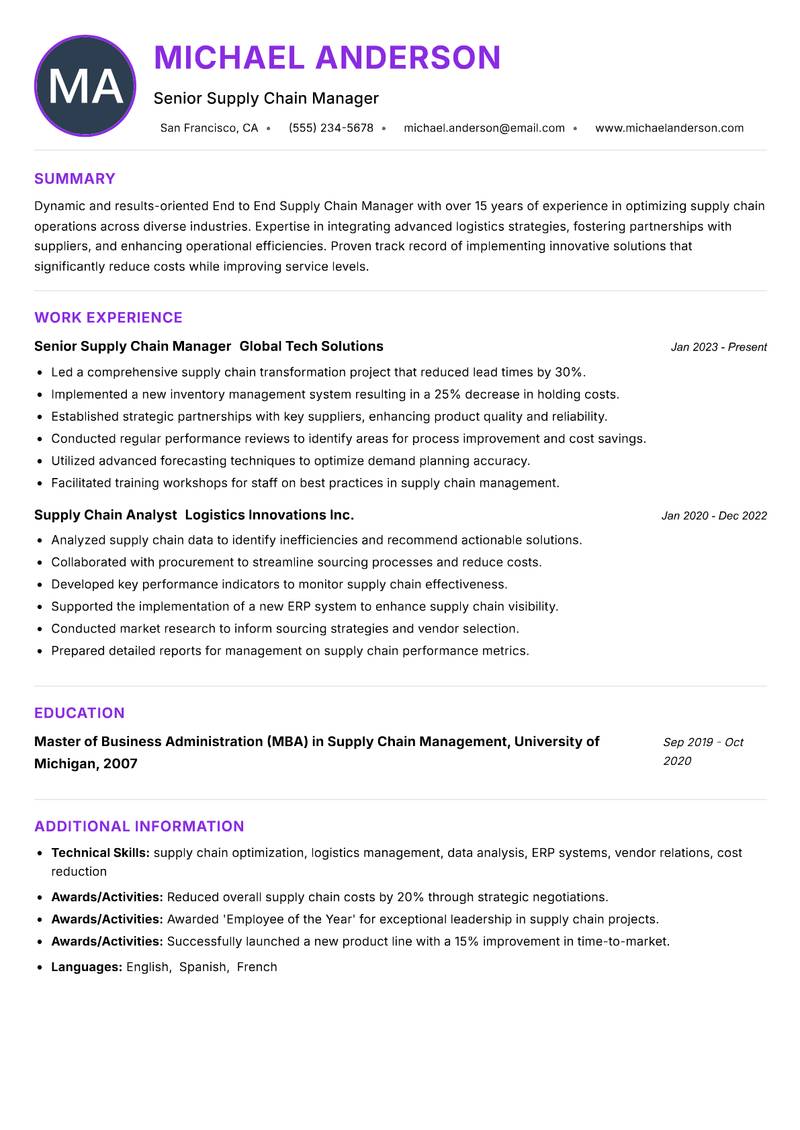 End to End Supply Chain Manager resume example