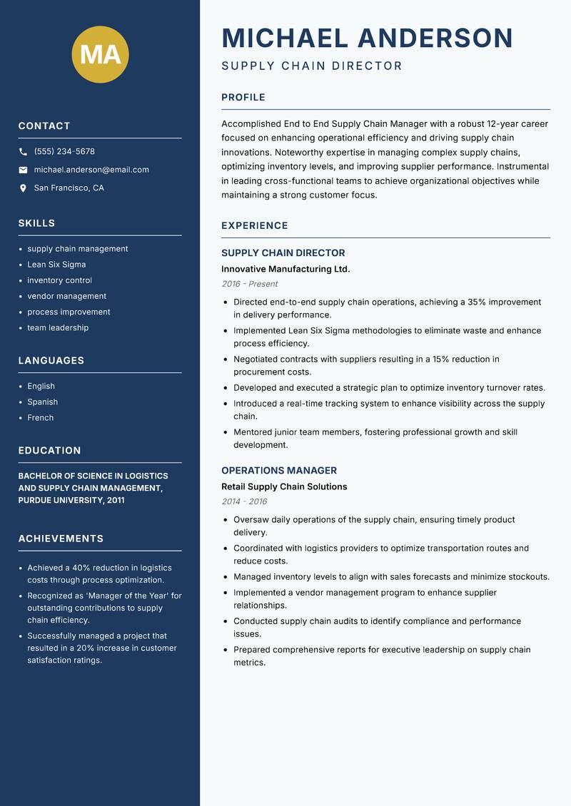 End to End Supply Chain Manager resume sample — Supply Chain Director focus