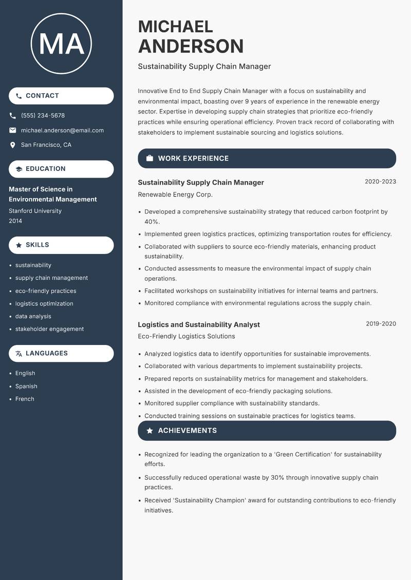 End to End Supply Chain Manager resume sample — Sustainability Supply Chain Manager focus