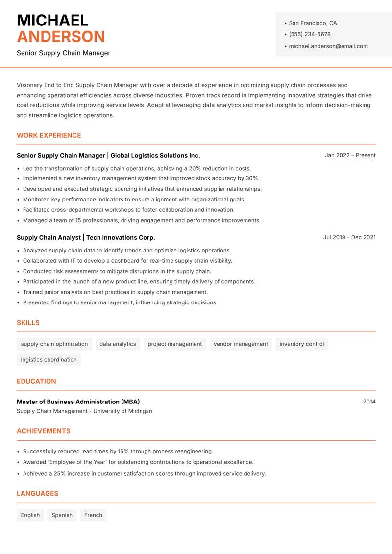 End to End Supply Chain Manager resume sample — Senior Supply Chain Manager focus