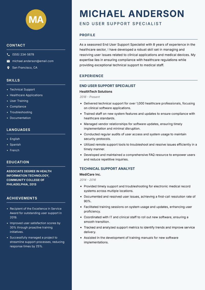 End User Support Specialist resume sample — End User Support Specialist focus