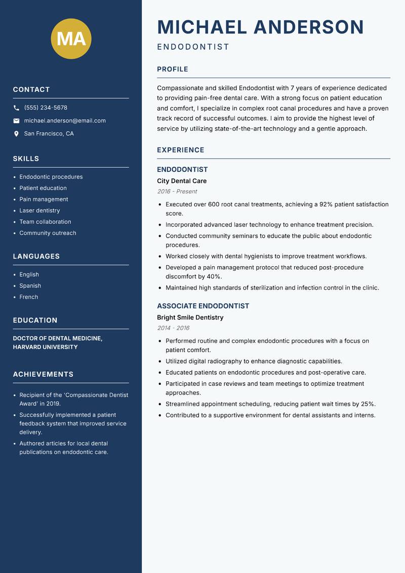 Endodontist resume sample — Endodontist focus