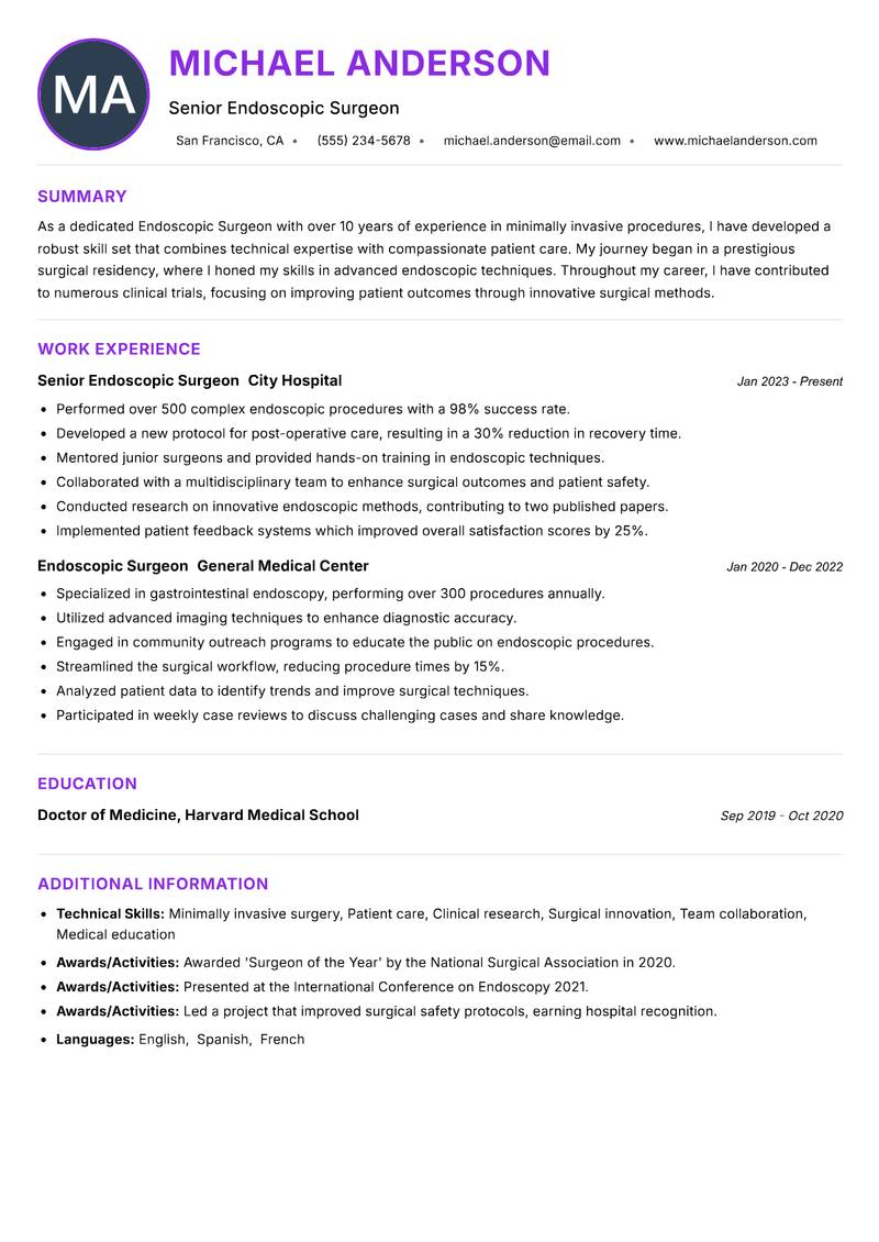 Endoscopic Surgeon resume example