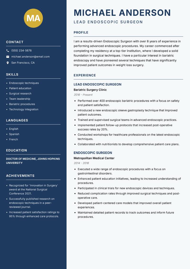 Endoscopic Surgeon resume sample — Lead Endoscopic Surgeon focus