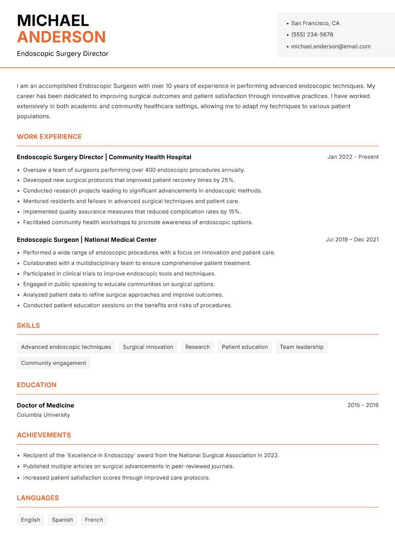 Endoscopic Surgeon resume sample — Endoscopic Surgery Director focus