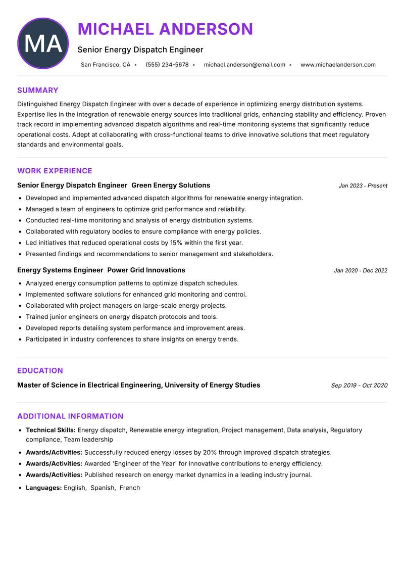 Energy Dispatch Engineer resume example