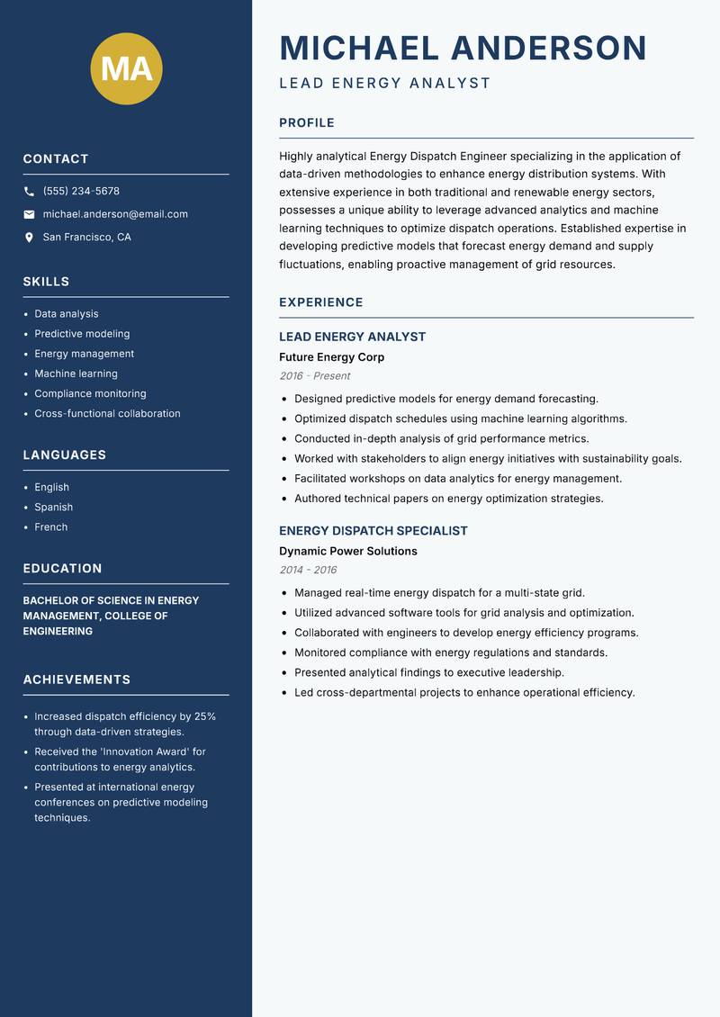 Energy Dispatch Engineer resume sample — Lead Energy Analyst focus