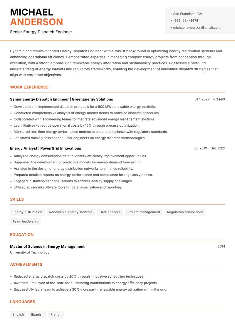 Energy Dispatch Engineer resume sample — Senior Energy Dispatch Engineer focus