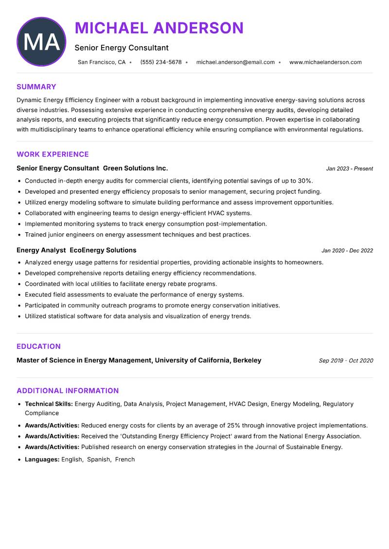 Energy Efficiency Engineer resume example