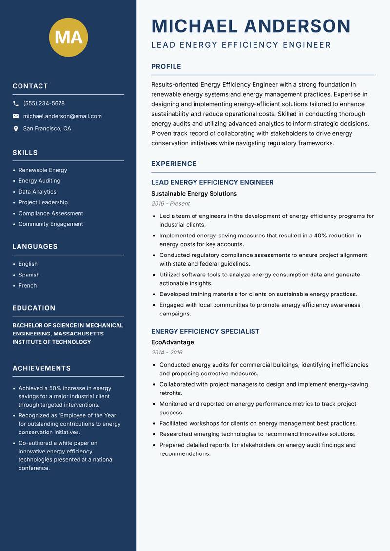 Energy Efficiency Engineer resume sample — Lead Energy Efficiency Engineer focus