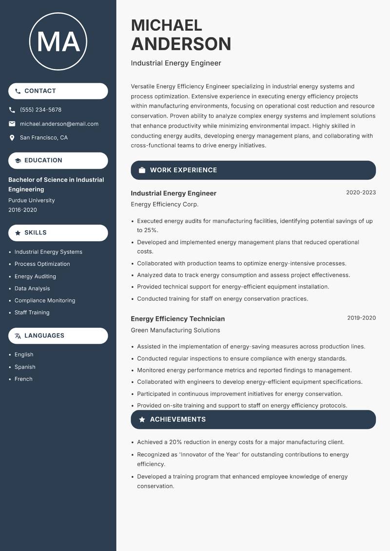 Energy Efficiency Engineer resume sample — Industrial Energy Engineer focus
