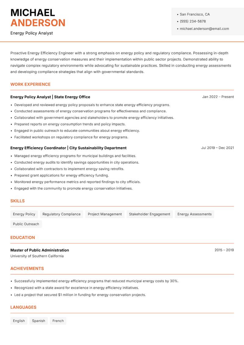 Energy Efficiency Engineer resume sample — Energy Policy Analyst focus